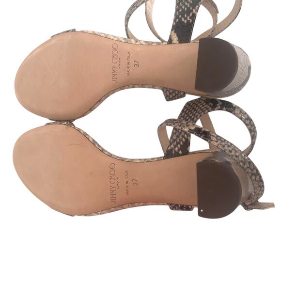JIMMY CHOO Rheea 65 leather sandals | THE OUTNET Jimmy Choo Marine 65 Snake Sandal Heel Sand Brown 37